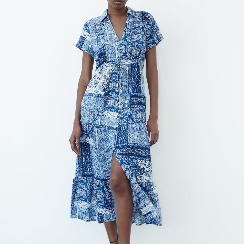 Zara Women's Cotton Midi Printed Shirt Dress V-Neck Collar Short Sleeves Size M